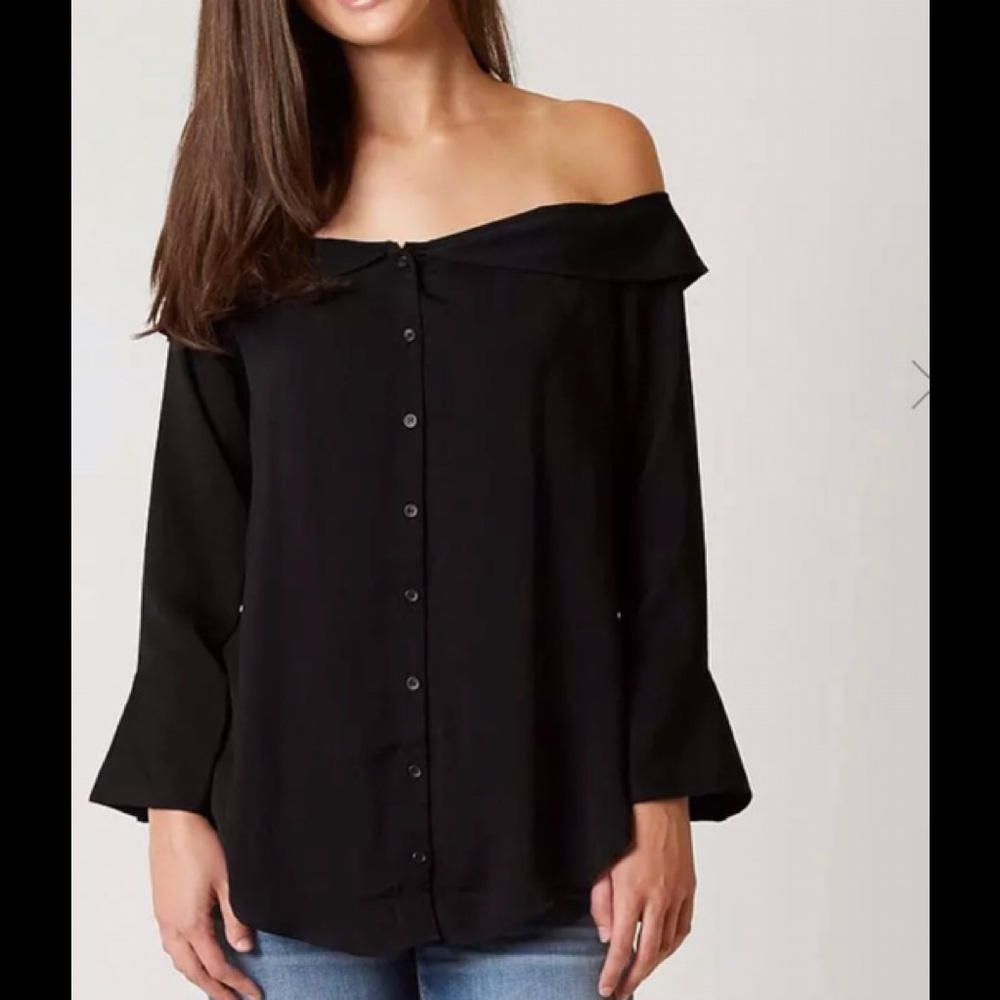 Free People Off-Shoulder Black Button-Front Top